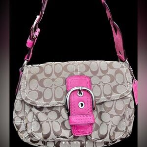 EUC...Vintage Coach Signature Pink Poppy Buckle Satchel Purse.